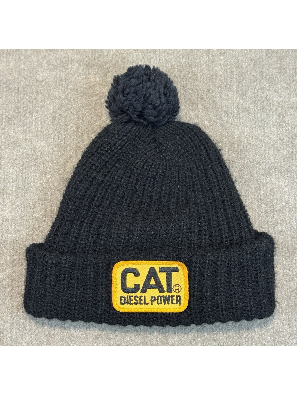 Vintage CAT Diesel Power Winter Hat Beanie Cap Pom Cuffed Patch Trucker Mechanic